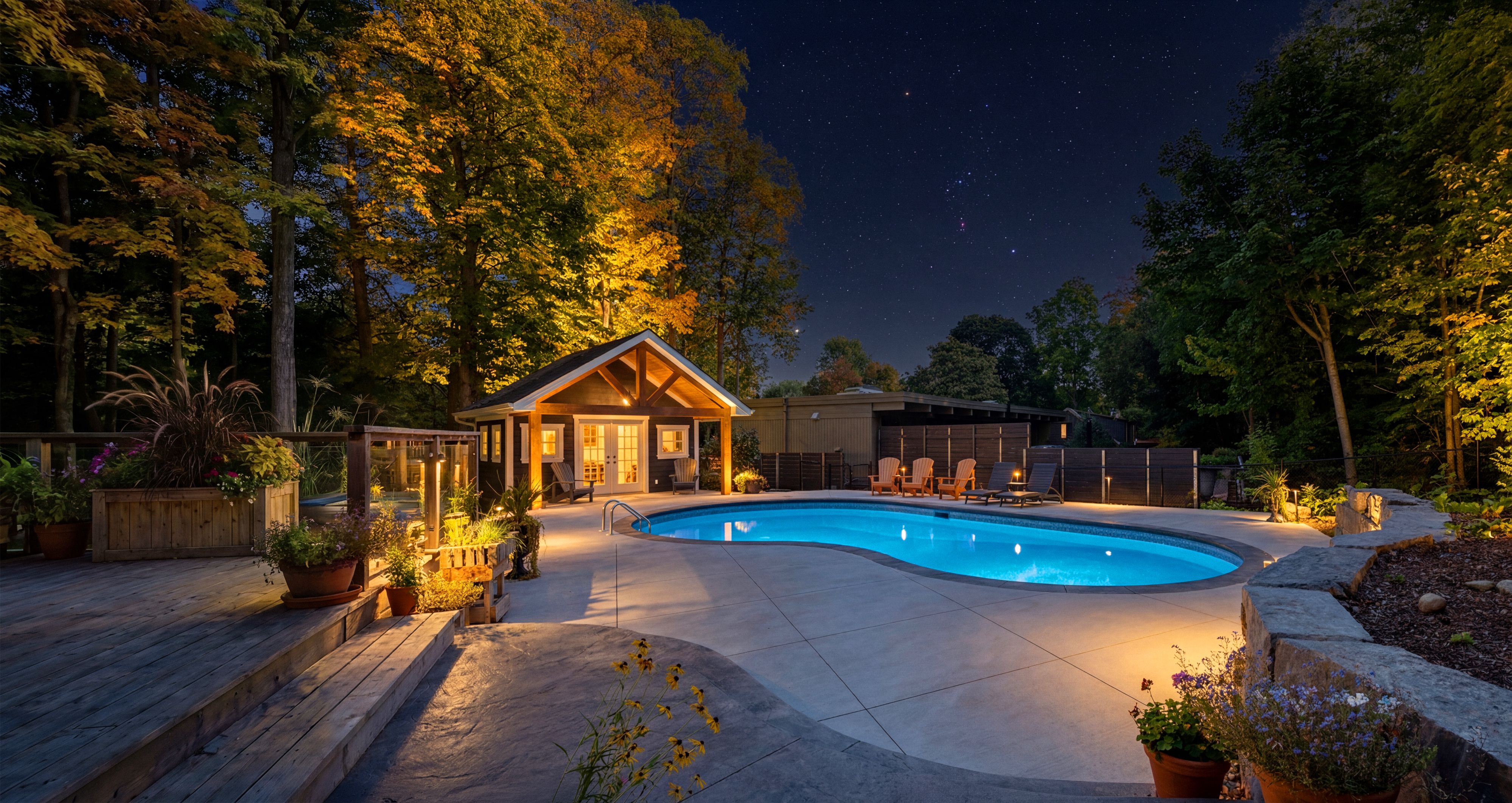 Illuminated backyard pool at night