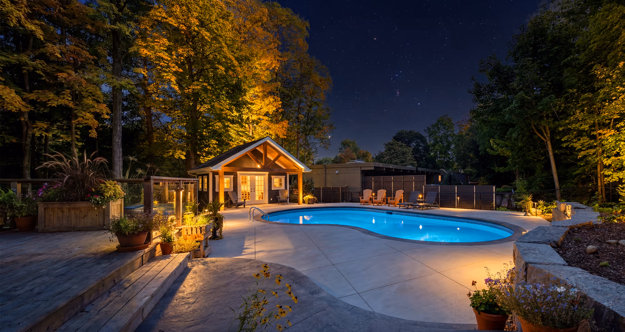 Illuminated backyard pool at night